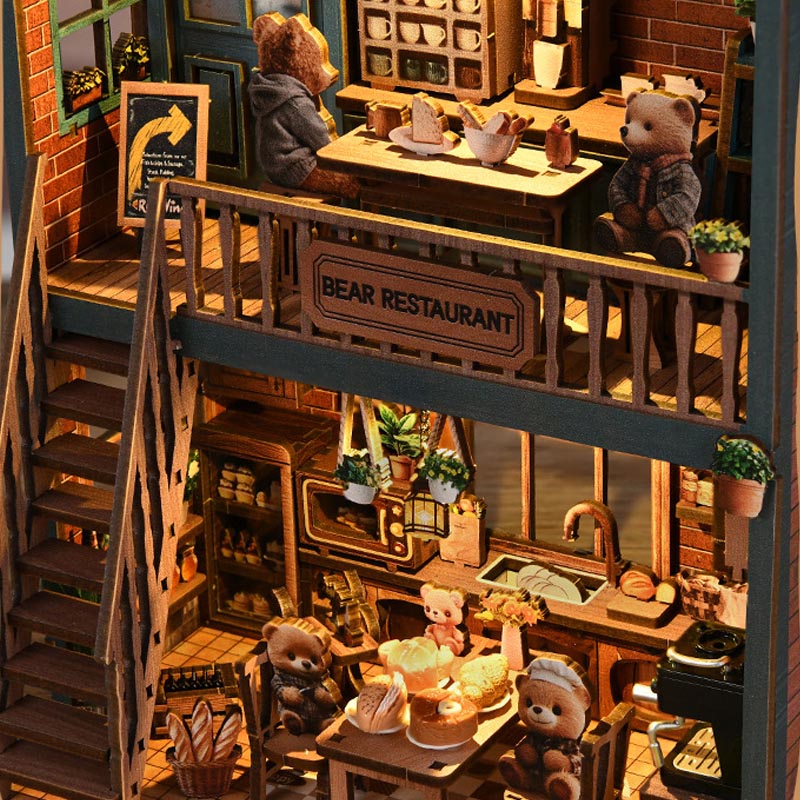 Bear Bakery Cafe Restaurant | DIY Miniature House Kit 3D Wooden Model DIY Gift Puzzle
