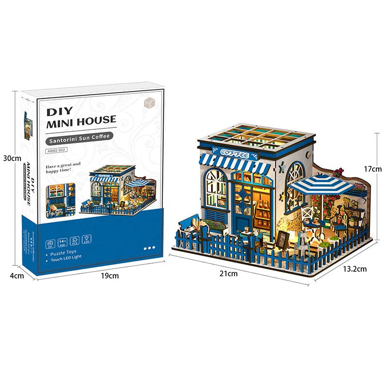 Santorini Sun Coffee Shop Café | DIY Miniature House Kit 3D Wooden Model DIY Gift Puzzle