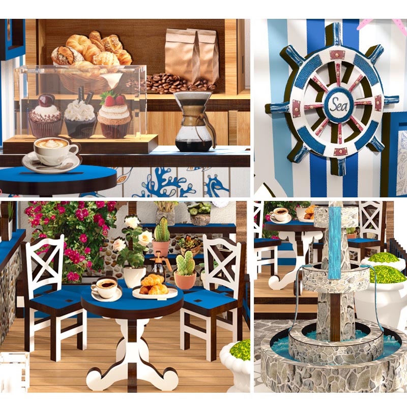 Santorini Sun Coffee Shop Café | DIY Miniature House Kit 3D Wooden Model DIY Gift Puzzle
