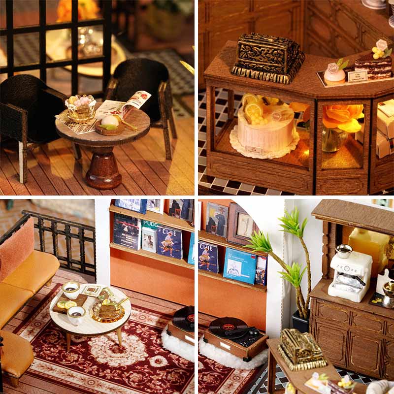 Two-story Modern Musical Cozy Tea Cafe DIY Miniature House Kit 3D Wooden Puzzle