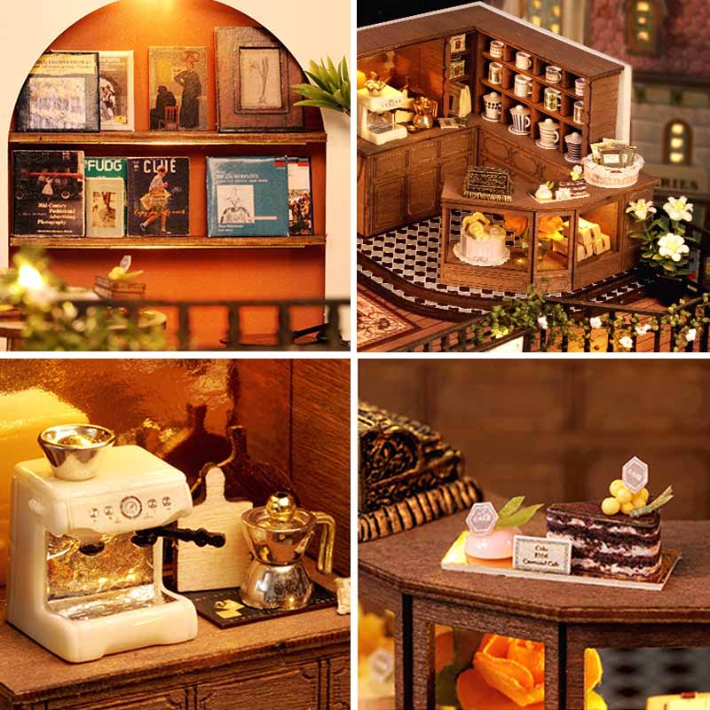 Two-story Modern Musical Cozy Tea Cafe DIY Miniature House Kit 3D Wooden Puzzle
