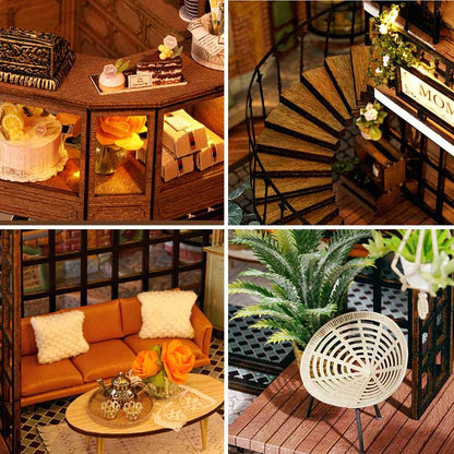 Two-story Modern Musical Cozy Tea Cafe DIY Miniature House Kit 3D Wooden Puzzle