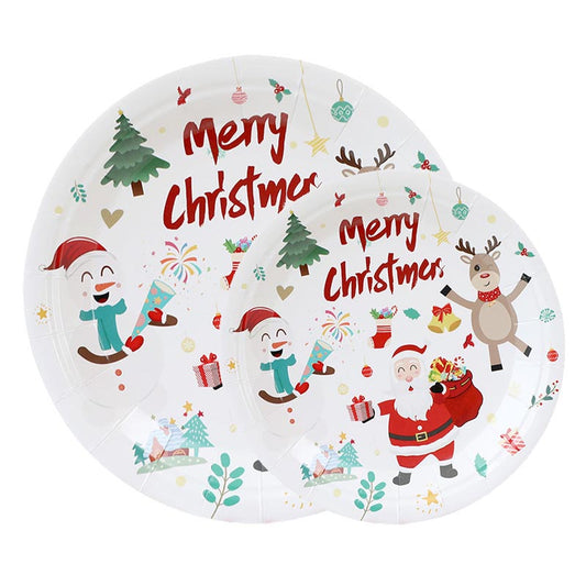 7 inch and 9 inch Merry Christmas party disposable paper plate and dessert plate with snowman, Santa Claus, Christmas tree and reindeer patterns. 