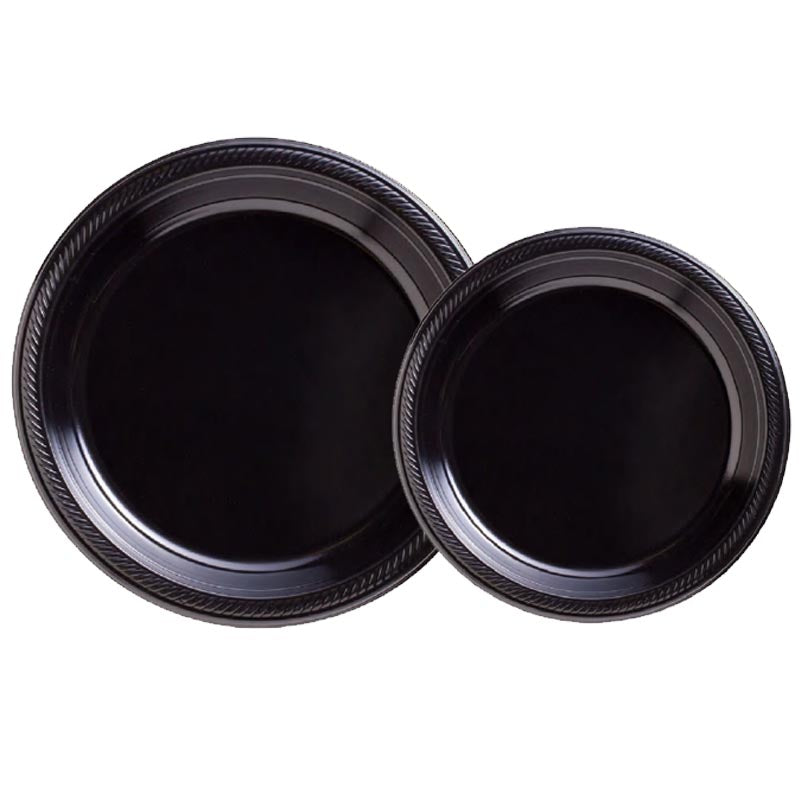 7 inch and 9 inch black colored party plastic plate and dessert plate for parties, colour theme parties. 