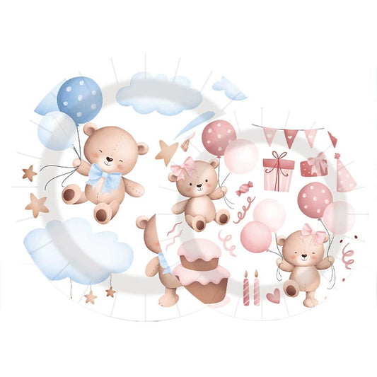 7 inch and 9 inch blue and pink baby bear with balloons party disposable paper plate and dessert plate for baby shower party or birthday party or any other parties