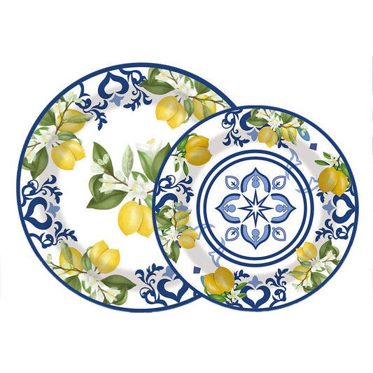 7 inch and 9 inch blue and white porcelain lemon party disposable paper plate and dessert plate for birthday party or any other parties