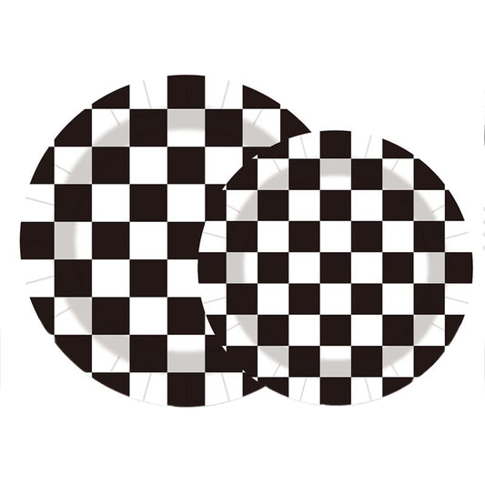7 inch and 9 inch checkered black and white party disposable paper plate and dessert plate for birthday party or any other parties