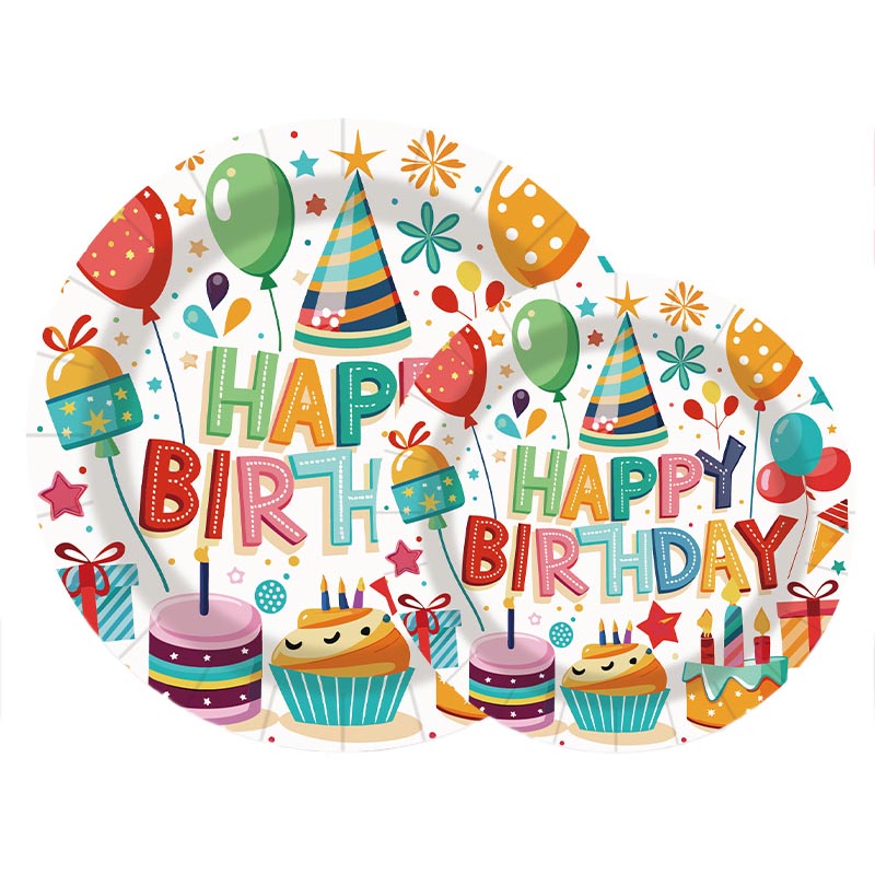 7 inch and 9 inch colorful balloons happy birthday party disposable paper plate and dessert plate for kid's birthday party