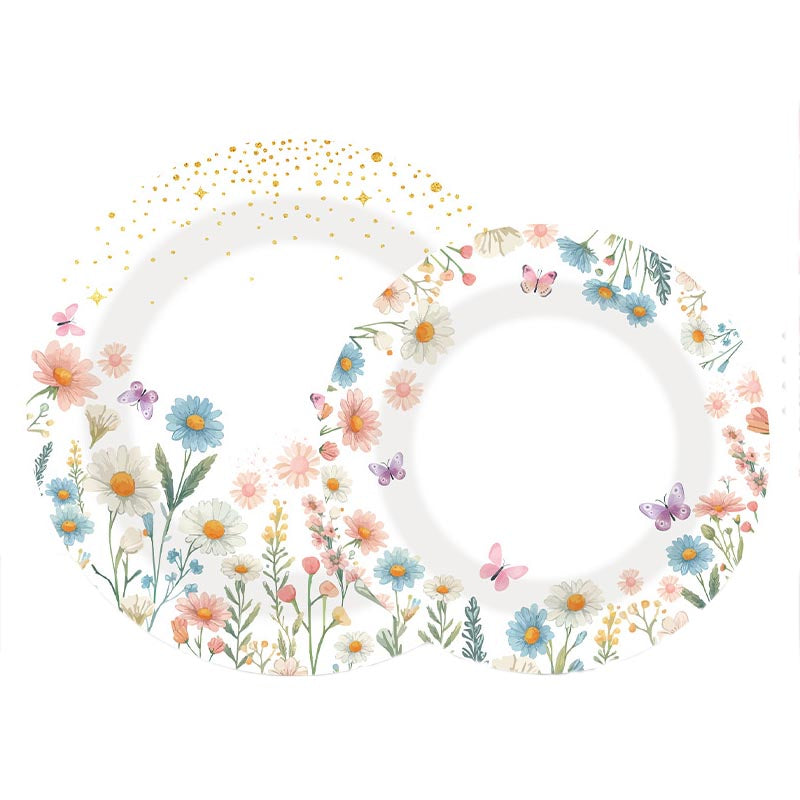 7 inch and 9 inch flower theme with butterflies, grass and chrysanthemum party disposable paper plate and dessert plate. 