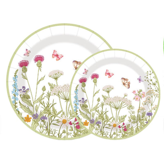 7 inch and 9 inch flower theme with butterflies, grass and flowers party disposable paper plate and dessert plate. 