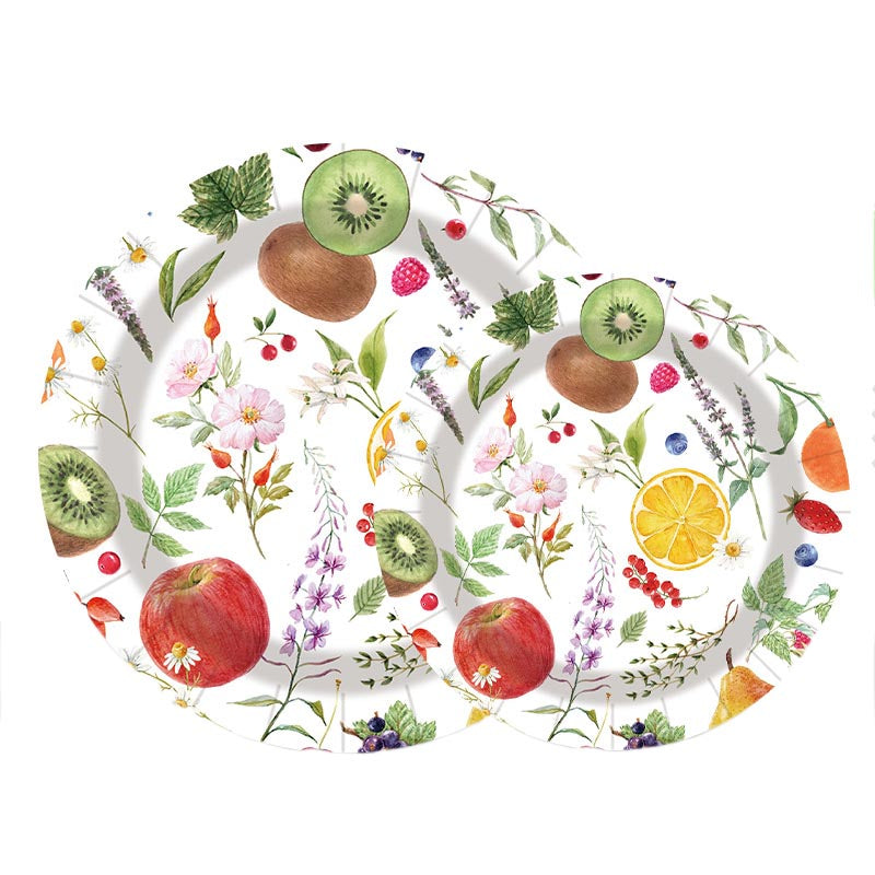 7 inch and 9 inch fruit pattern summer theme party disposable paper plate and dessert plate. Patterns include kiwi, apples, lemon and flowers. 