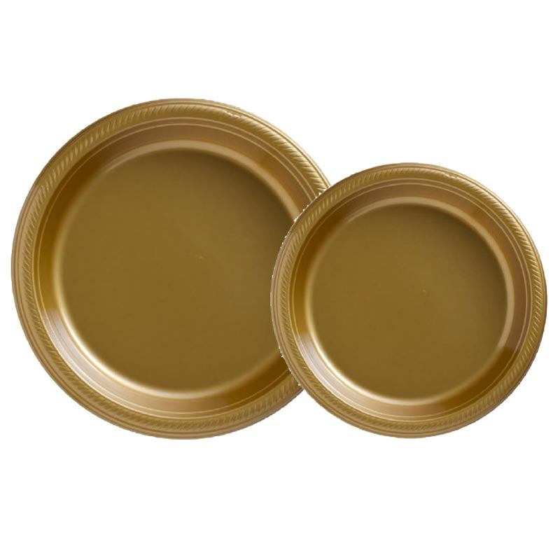 7 inch and 9 inch gold colored party plastic plate and dessert plate for parties, colour theme parties. 