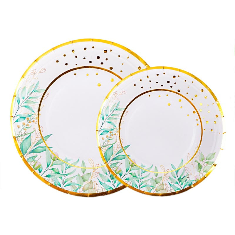 7 inch and 9 inch golden green leaf party disposable paper plate and dessert plate for birthday party or any other parties