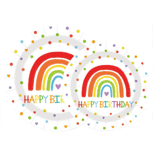 7 inch and 9 inch happy birthday colorful rainbow party disposable paper plate and dessert plate