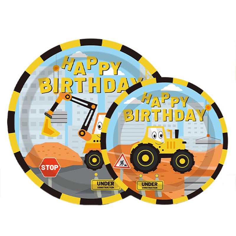 7 inch and 9 inch happy birthday construction theme party disposable paper plate and dessert plate for kids, boy's birthday party