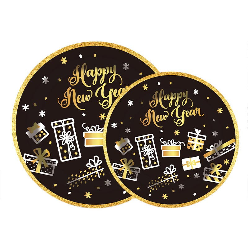 7 inch and 9 inch black and gold happy new year party disposable paper plate and dessert plate 