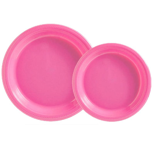 7 inch and 9 inch hot pink colored party plastic plate and dessert plate for parties, colour theme parties. 