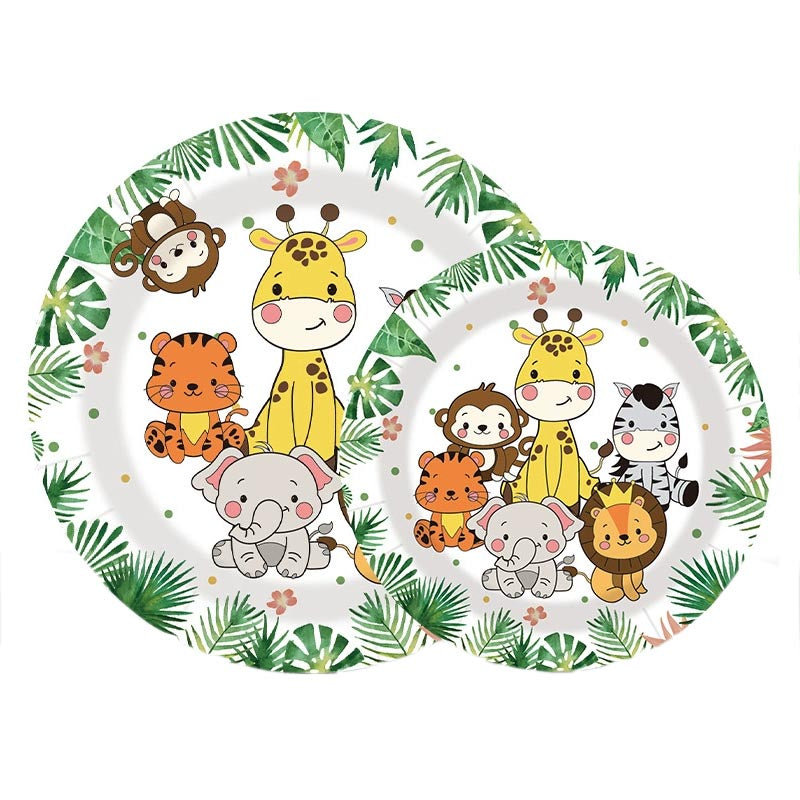 7 inch and 9 inch jungle animal theme party disposable paper plate and dessert plate for kid's birthday party or any other parties. Patterns include elephant, lion, monkey, tiger, zebra and giraffe. 