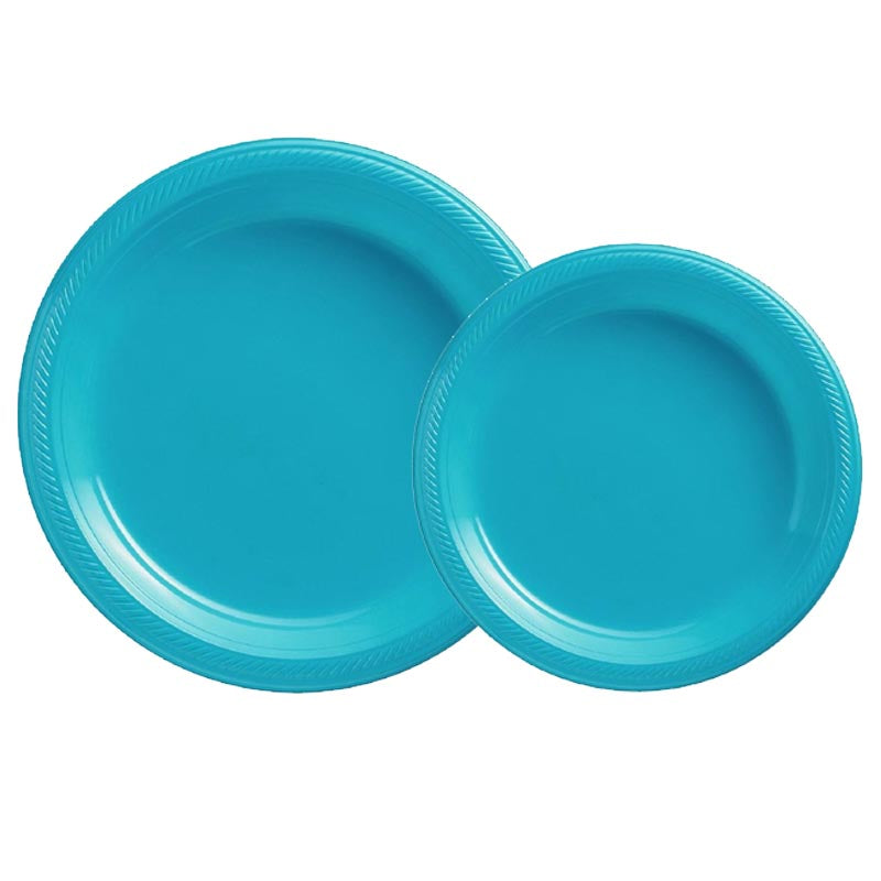 7 inch and 9 inch lake blue colored party plastic plate and dessert plate for parties, colour theme parties. 