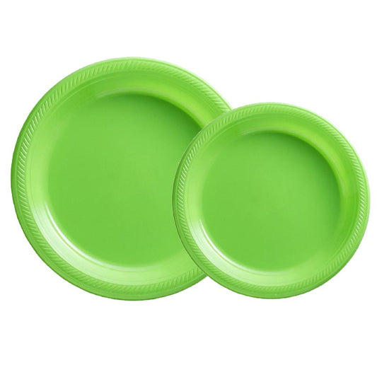 7 inch and 9 inch lime green colored party plastic plate and dessert plate for parties, colour theme parties. 