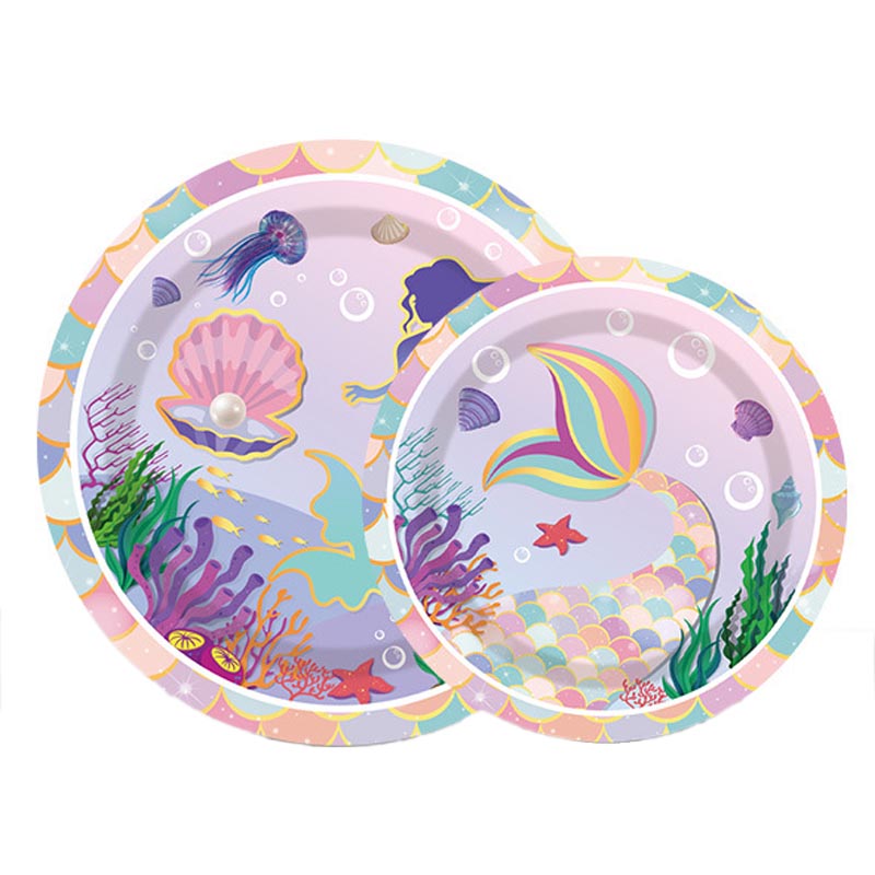 7 inch and 9 inch mermaid theme party disposable paper plate and dessert plate for kids, girl's birthday