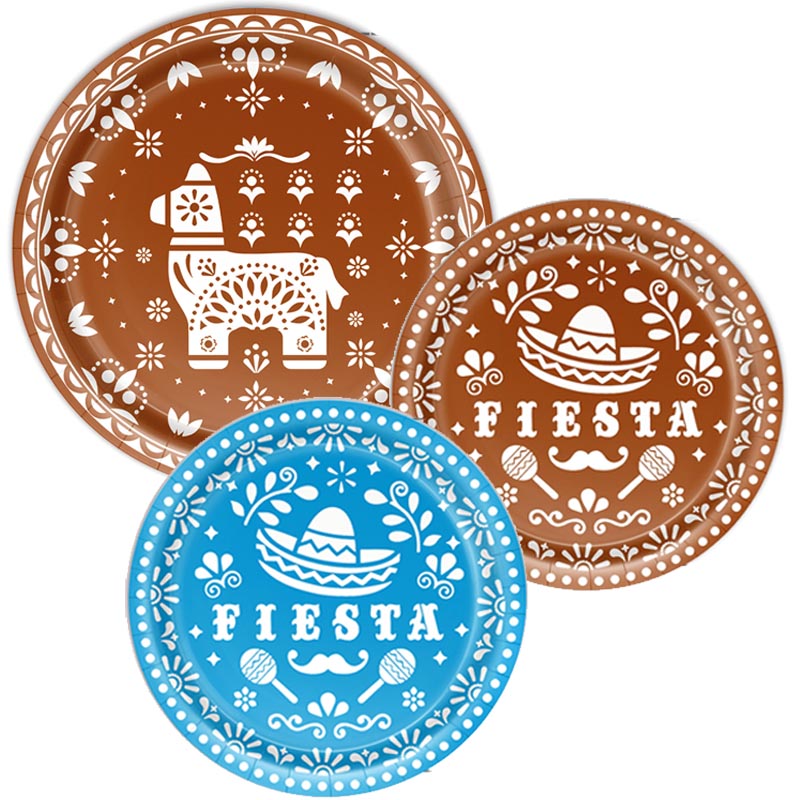 7 inch and_9 inch mexican fiesta party paper plates. dessert plates, brown and blue color for Halloween party, Day of the Dead,  Día de los Muertos, fiesta party. 