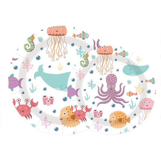 7 inch and 9 inch ocean theme party disposable paper plate and dessert plate with octopus, crab, dolphin, jelly fish, seahorse and fish patterns