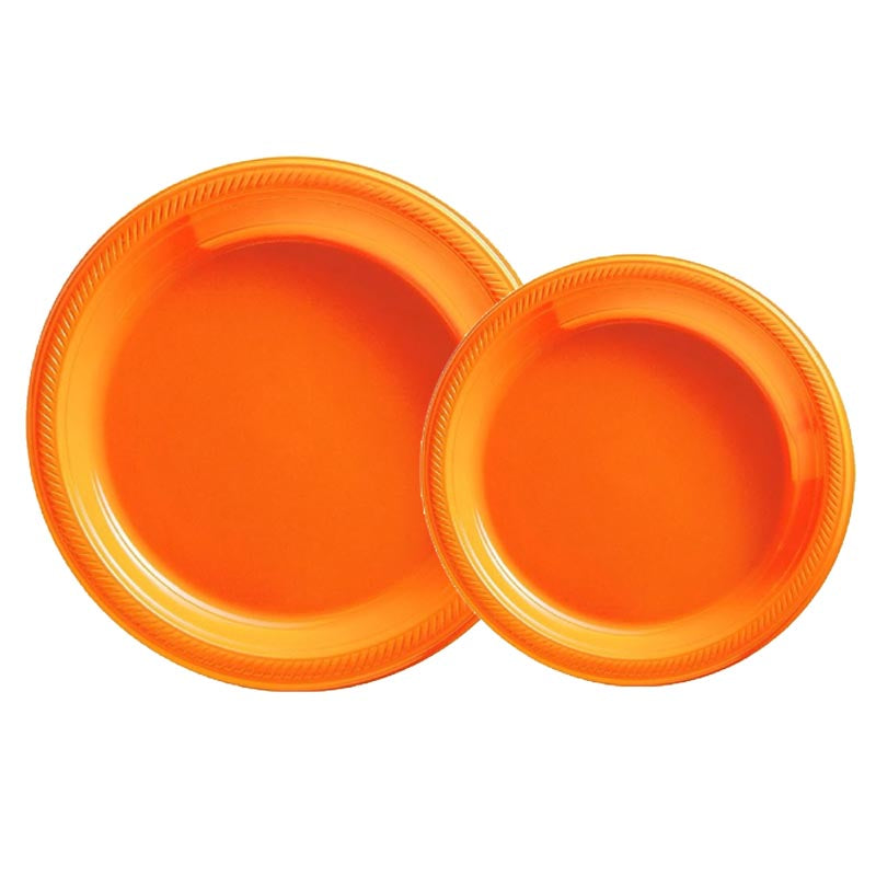 7 inch and 9 inch orange colored party plastic plate and dessert plate for parties, colour theme parties. 