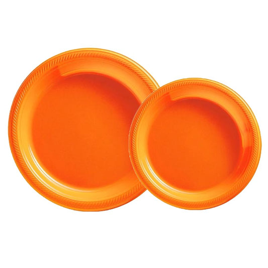 7 inch and 9 inch orange colored party plastic plate and dessert plate for parties, colour theme parties. 