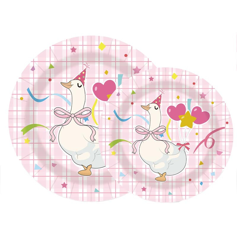 7 inch and 9 inch pink funny goose party disposable paper plate and dessert plate for kids, girl's birthday party or any other parties