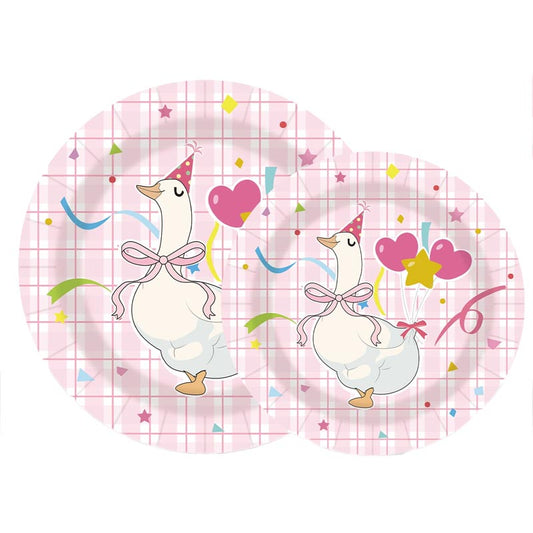 7 inch and 9 inch pink funny goose party disposable paper plate and dessert plate for kids, girl's birthday party or any other parties