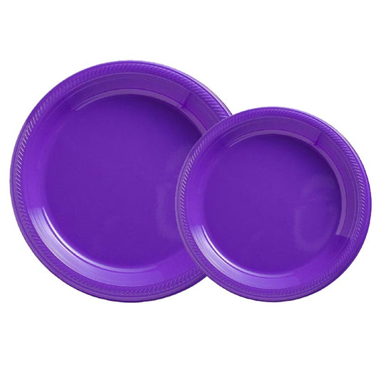 7 inch and 9 inch purple colored party plastic plate and dessert plate for parties, colour theme parties. 