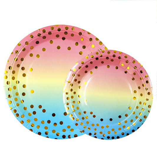 7 inch and 9 inch rainbow color golden dots party disposable paper plate and dessert plates for birthday party or any other parties