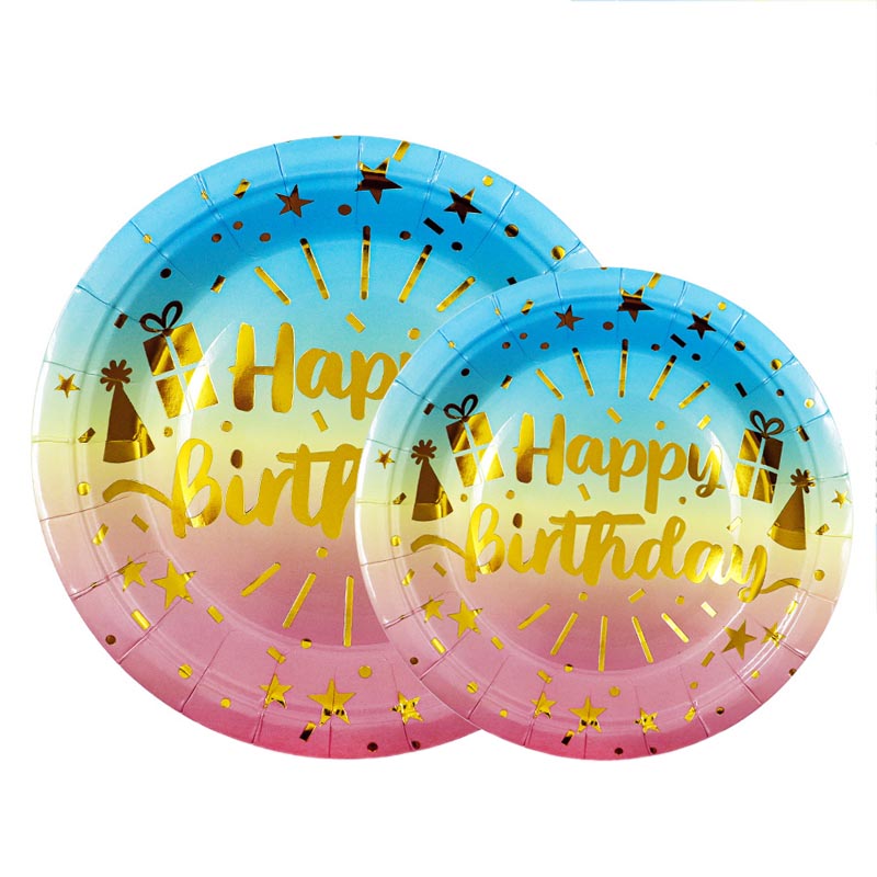 7 inch and 9 inch rainbow color happy birthday party disposable paper plate and dessert plates for birthday party or any other parties