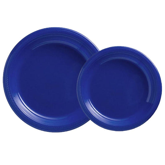 7 inch and 9 inch royal blue colored party plastic plate and dessert plate for parties, colour theme parties. 