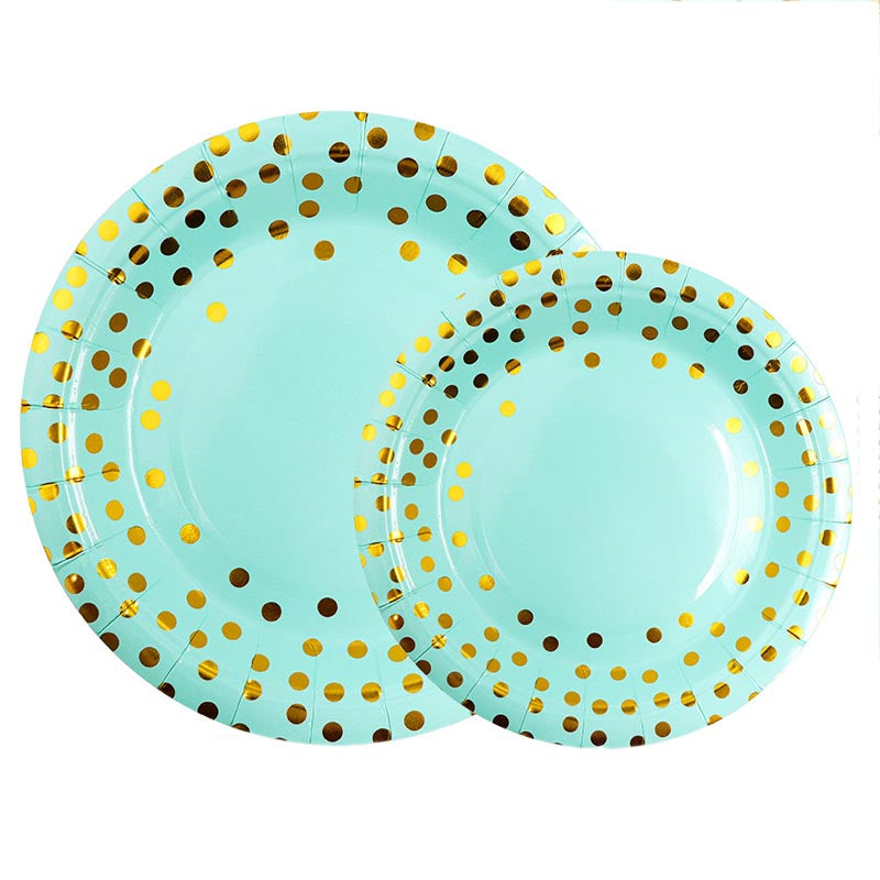 7 inch and 9 inch tiffany blue golden dots party disposable paper plate and dessert plate for birthday party or any other parties