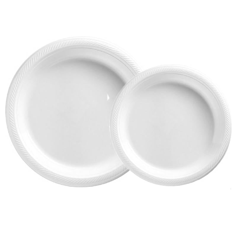 7 inch and 9 inch white colored party plastic plate and dessert plate for parties, colour theme parties. 