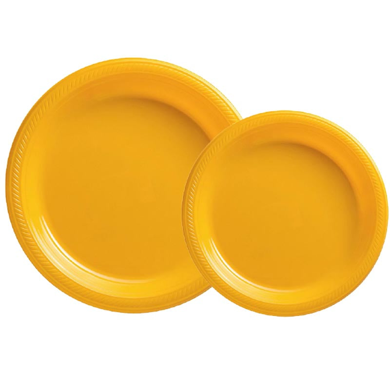 7 inch and 9 inch yellow colored party plastic plate and dessert plate for parties, colour theme parties. 