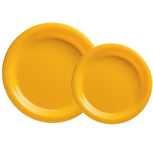 7 inch and 9 inch yellow colored party plastic plate and dessert plate for parties, colour theme parties. 