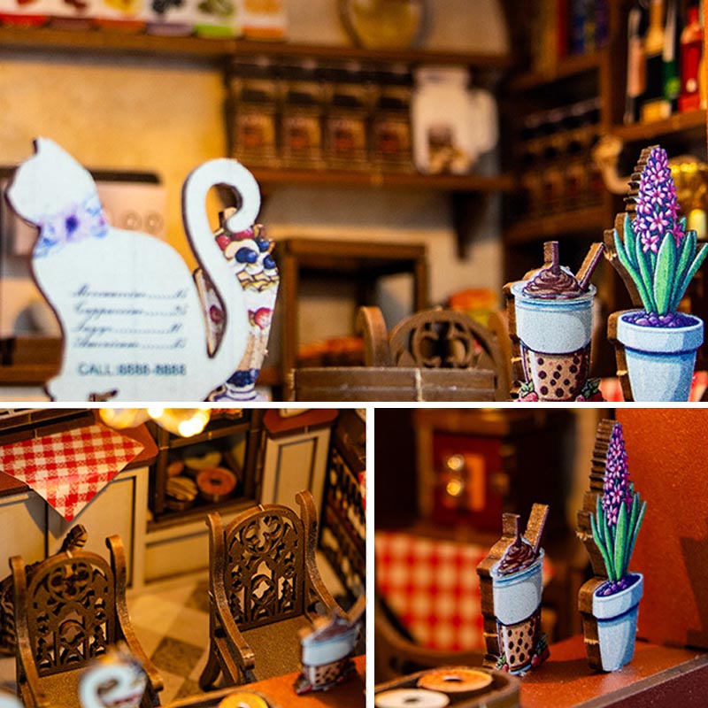 Coffee Café Cat Café | DIY Book Nook Miniature House Kit 3D Wooden Model DIY Gift Puzzle