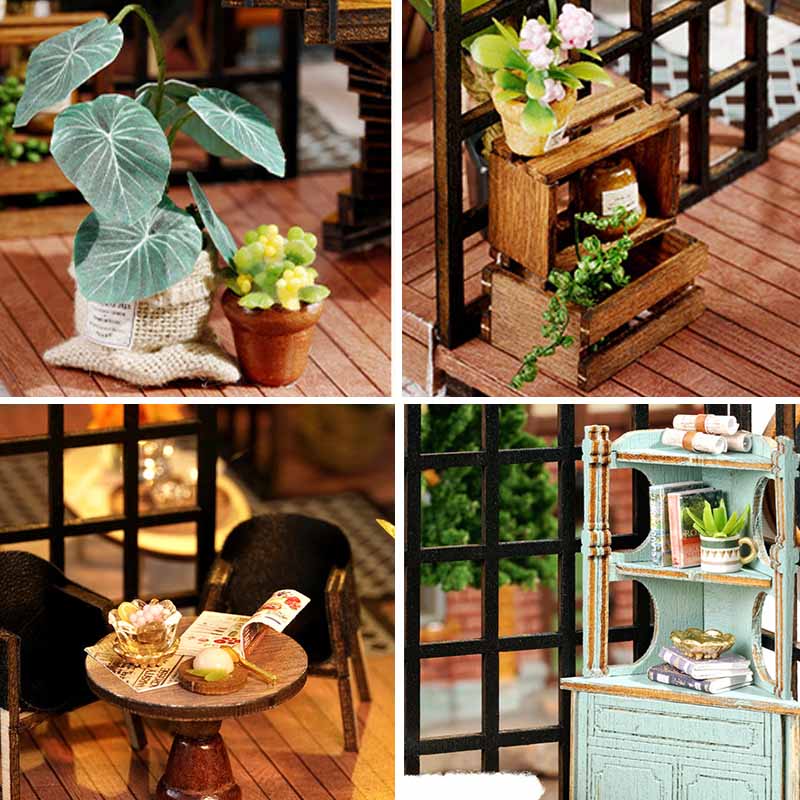 Two-story Modern Musical Cozy Tea Cafe DIY Miniature House Kit 3D Wooden Puzzle