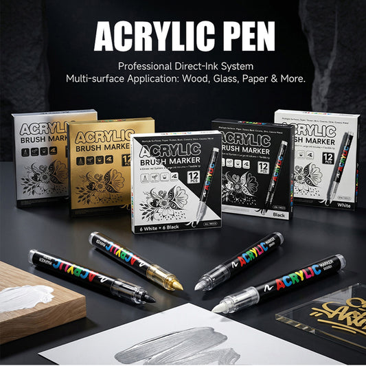 Metallic Brush Pen Acrylic Paint Markers - Professional Paint Pens for Drawing 12Pcs