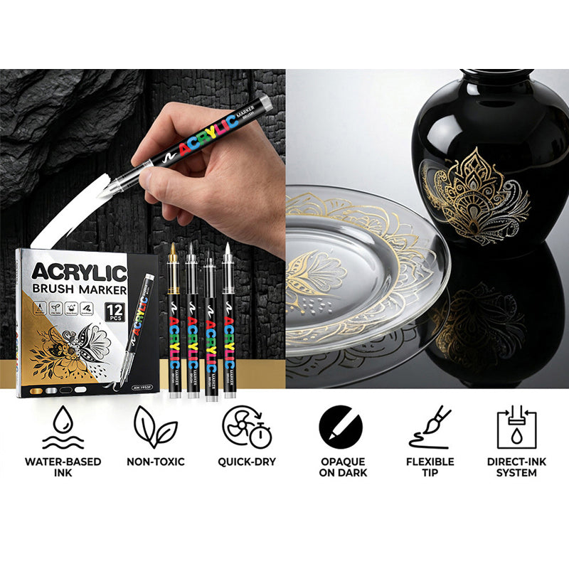 Metallic Brush Pen Acrylic Paint Markers - Professional Paint Pens for Drawing 12Pcs