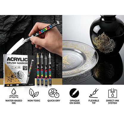 Metallic Brush Pen Acrylic Paint Markers - Professional Paint Pens for Drawing 12Pcs