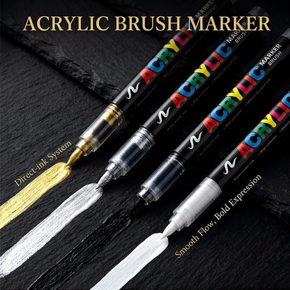 Metallic Brush Pen Acrylic Paint Markers - Professional Paint Pens for Drawing 12Pcs