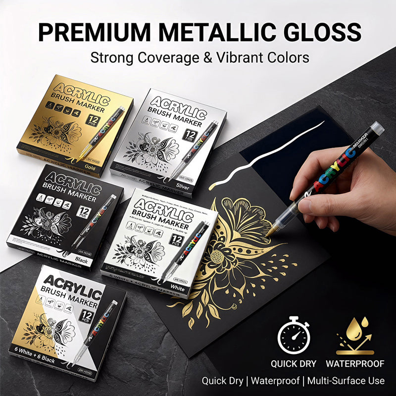 Metallic Brush Pen Acrylic Paint Markers - Professional Paint Pens for Drawing 12Pcs