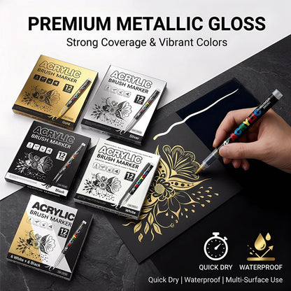 Metallic Brush Pen Acrylic Paint Markers - Professional Paint Pens for Drawing 12Pcs
