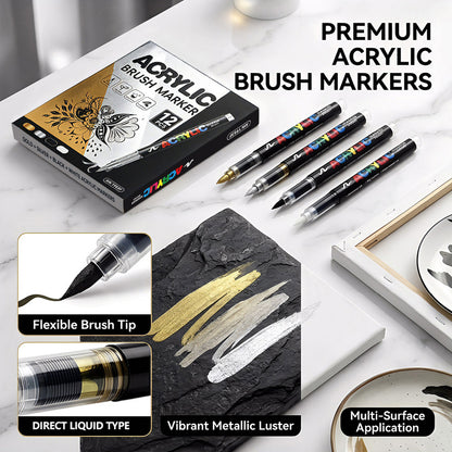 Metallic Brush Pen Acrylic Paint Markers - Professional Paint Pens for Drawing 12Pcs