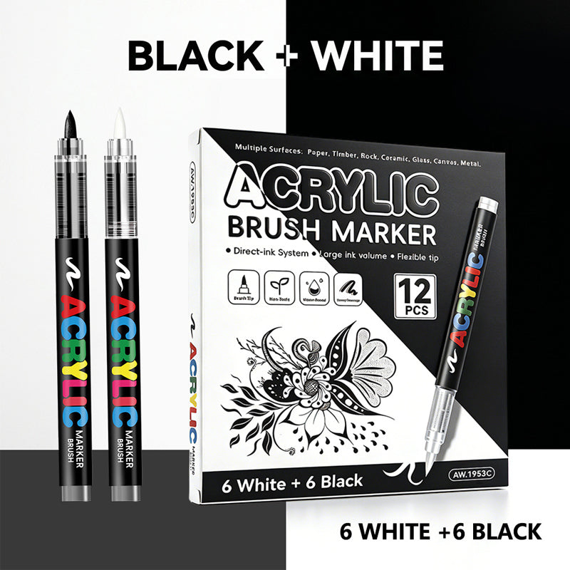 Metallic Brush Pen Acrylic Paint Markers - Professional Paint Pens for Drawing 12Pcs