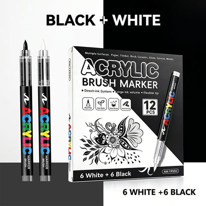Metallic Brush Pen Acrylic Paint Markers - Professional Paint Pens for Drawing 12Pcs